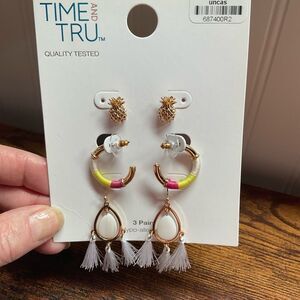 3 PC Pineapple Studs and Tassel Earrings and Hoop Earrings Set